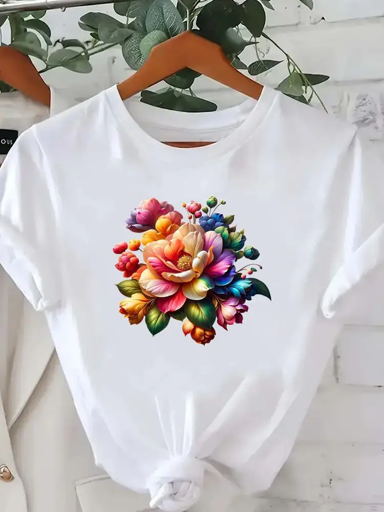 الملابس المحملات الملابس أزياء السيدات شعبية س الرقبة المرأة عارضة T طباعة الاتجاه نمط زهرة قصيرة الأكمام الجرافيك تي شيرت