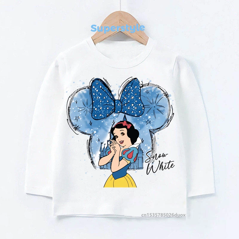 Magical Disney Castle Watercolor Princess Matching Girl Long Sleeve Shirt Moana Belle Ariel Cinderella Aurora Kawaii Girls Tops