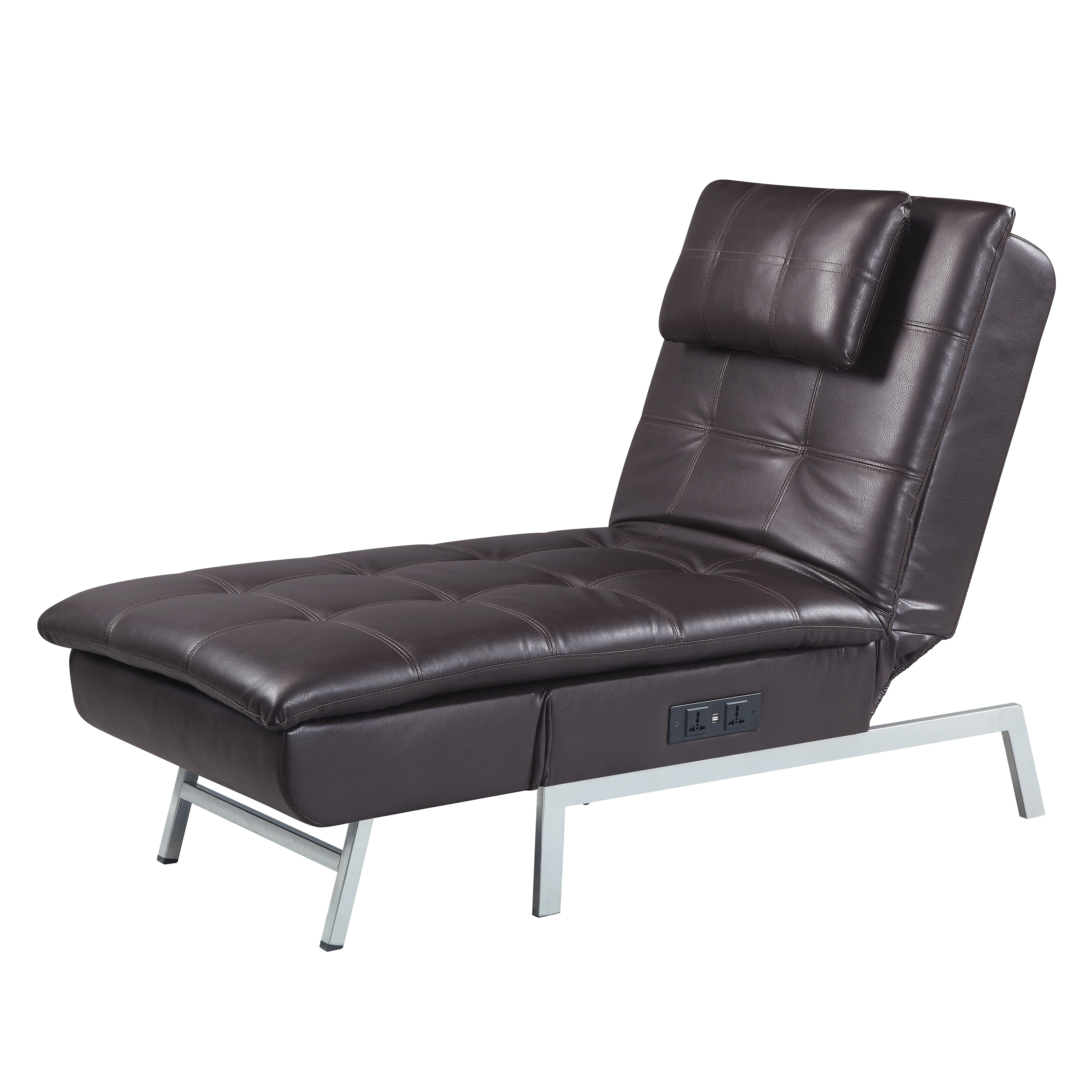 Chaise Lounge w/Pillow & USB Port in Brown PU