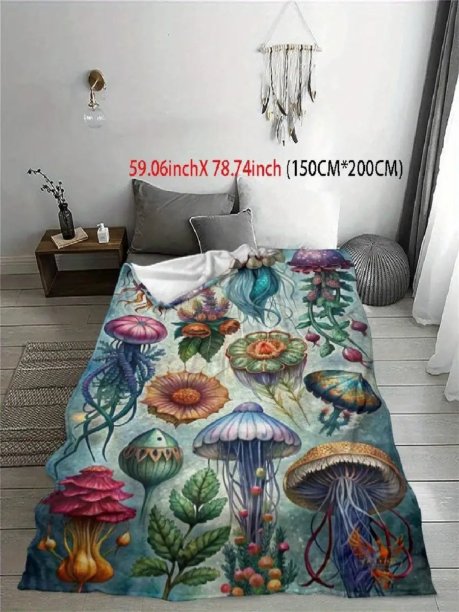pc Whimsical Jellyfish  Mushroom Print Flannel Blanket  Soft Warm AllSeason Throw with Vibrant Underwater Design Perfect for Coz