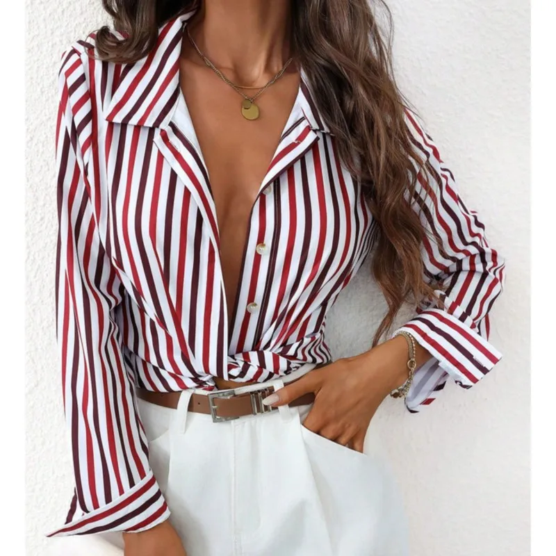 

Spring Autumn Fashion Long Sleeved Women's Shirt Casual Single Breasted Cardigan Top Classic Stripe Printed Lady Office Blouses