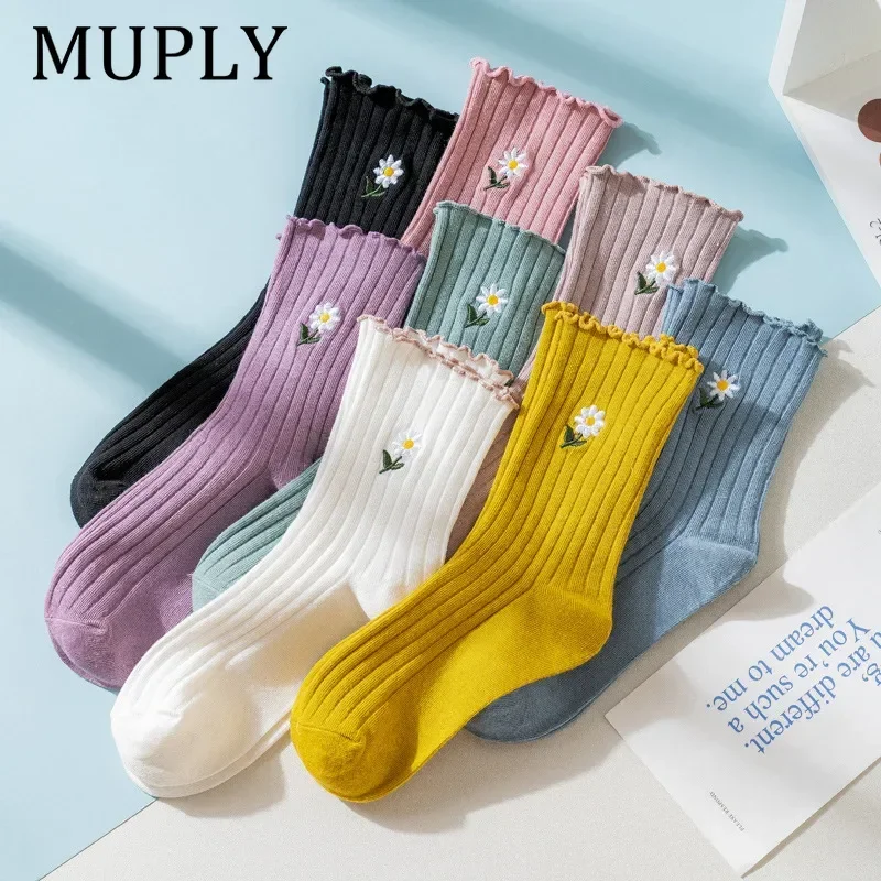 Women's Flower Socks Flower Prints Simple Solid Color Cute Ruffle Short Sox Cotton Casual  Ladies For Kawaii Girls Wholesale