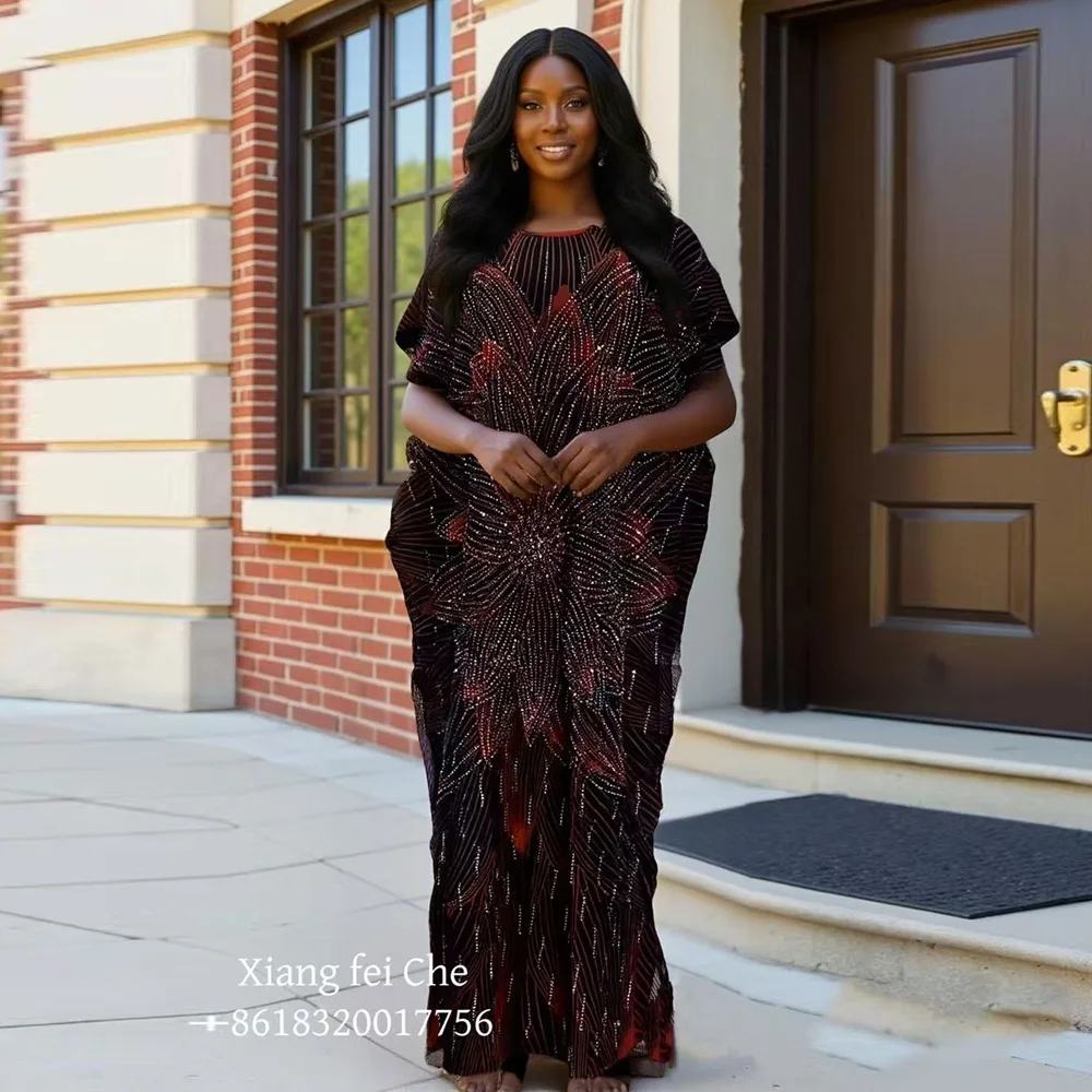 

2025 New Fashion Breathable Casual Cotton Dress Women's Spring African Middle East Print with Tassel Headscarf