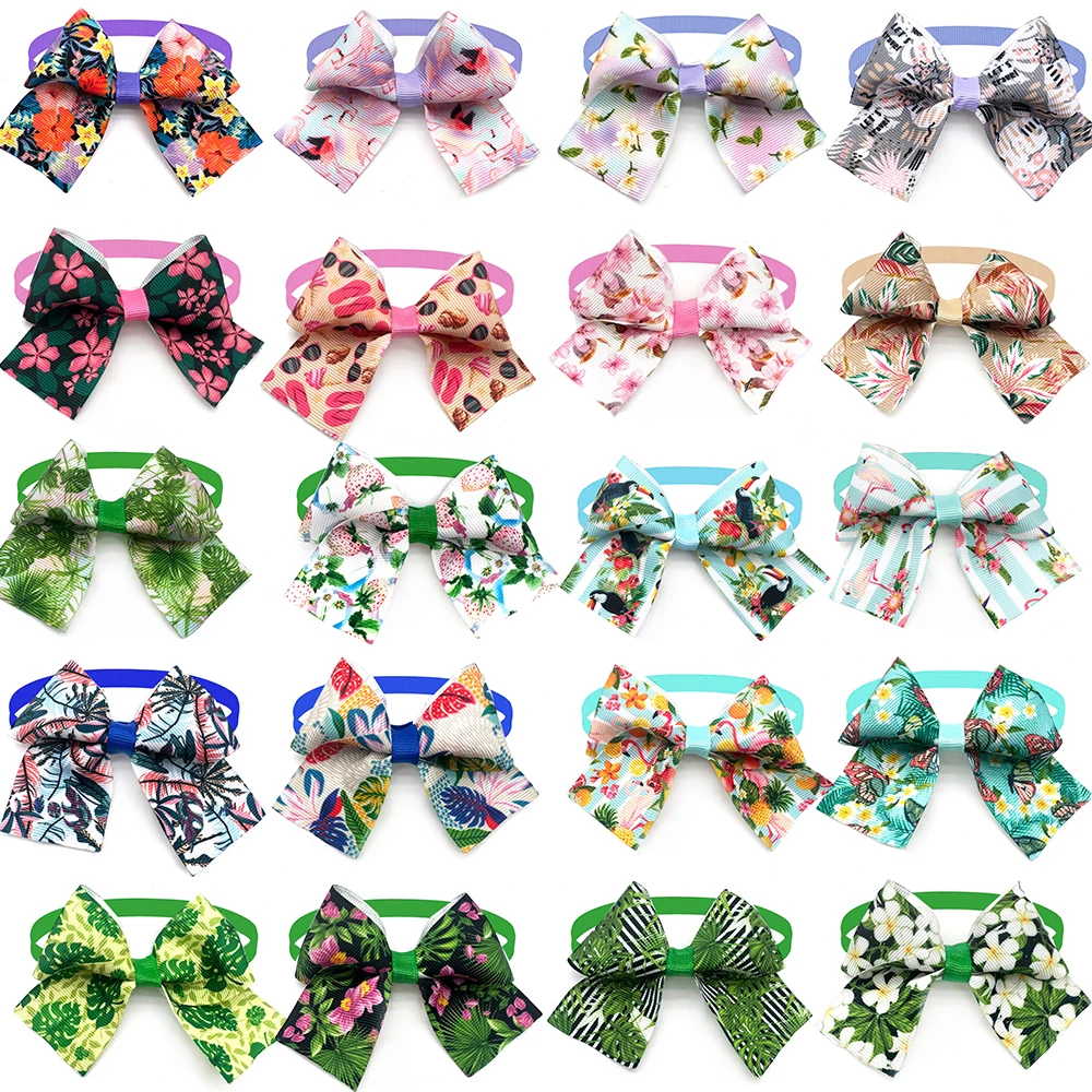 10 Pcs Summer Flamingo Style Dog Bow Tie Bowknot Puppy Grooming Handmade Bows for Small Dogs Adjustable Collar Pet Accessories