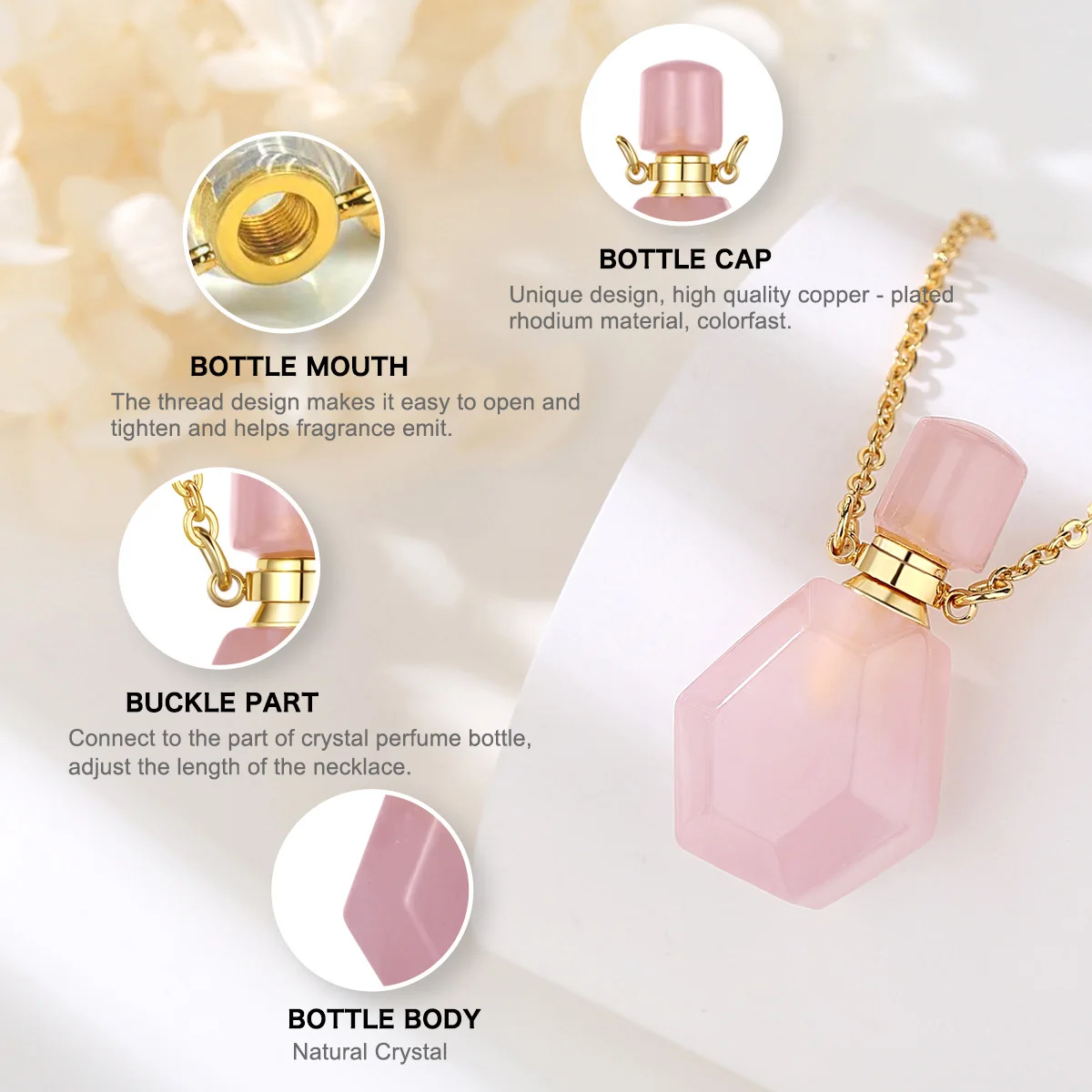 Natural Stone Perfume Bottle Necklace Women Men Healing Crystal Quartz Essential Oil Diffuser Pendant Vial Jewelry Multicolor