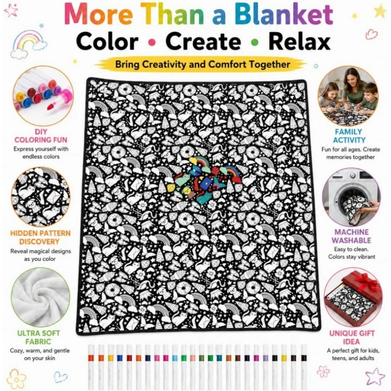 DIY Coloring Blanket with 24 Colors Markers, 125x156cm Washable Cozy Velvet Throw Giant Doodle Colored Blanket for Living Room view 2