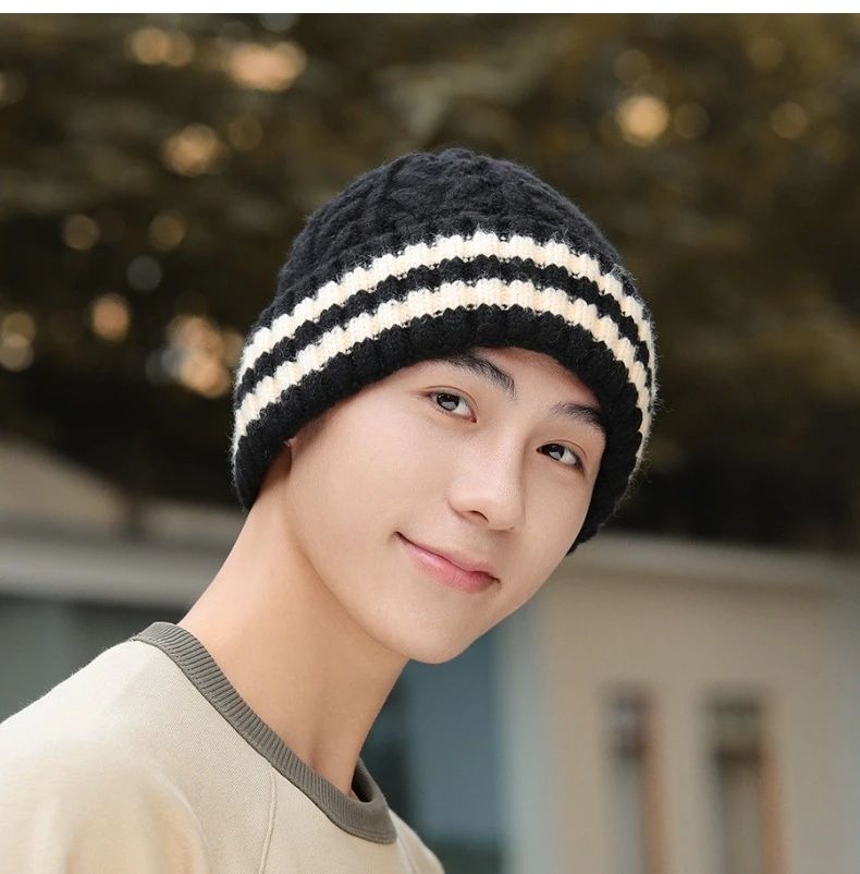 Lazy Wind Loose Leather Label Ear Protection Knit Hat Men Fashion Casual Pullover Stacked Hat Women Striped Color Soft Warm