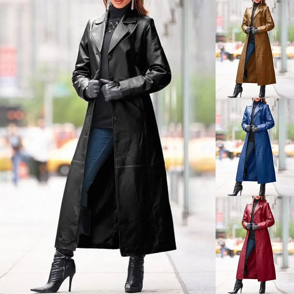 2020 Women Autumn Winter Solid Color Faux Leather Long Slim Wind Coat Windbreaker Women's Clothing женская куртка femme veste