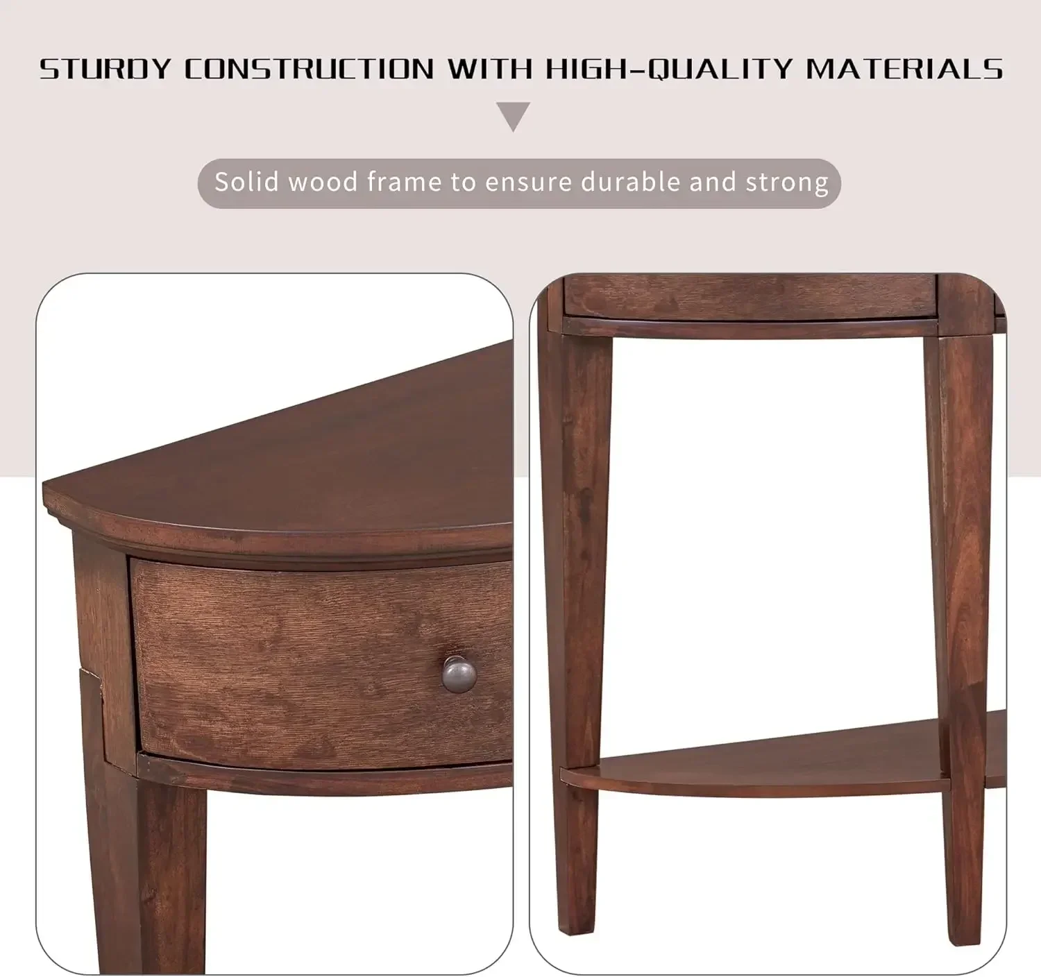 [Preço com desconto! Frete grátis! ] Sofá de mesa de console de design curvo com estrutura de madeira maciça resistente, 3 gavetas de armazenamento e bott