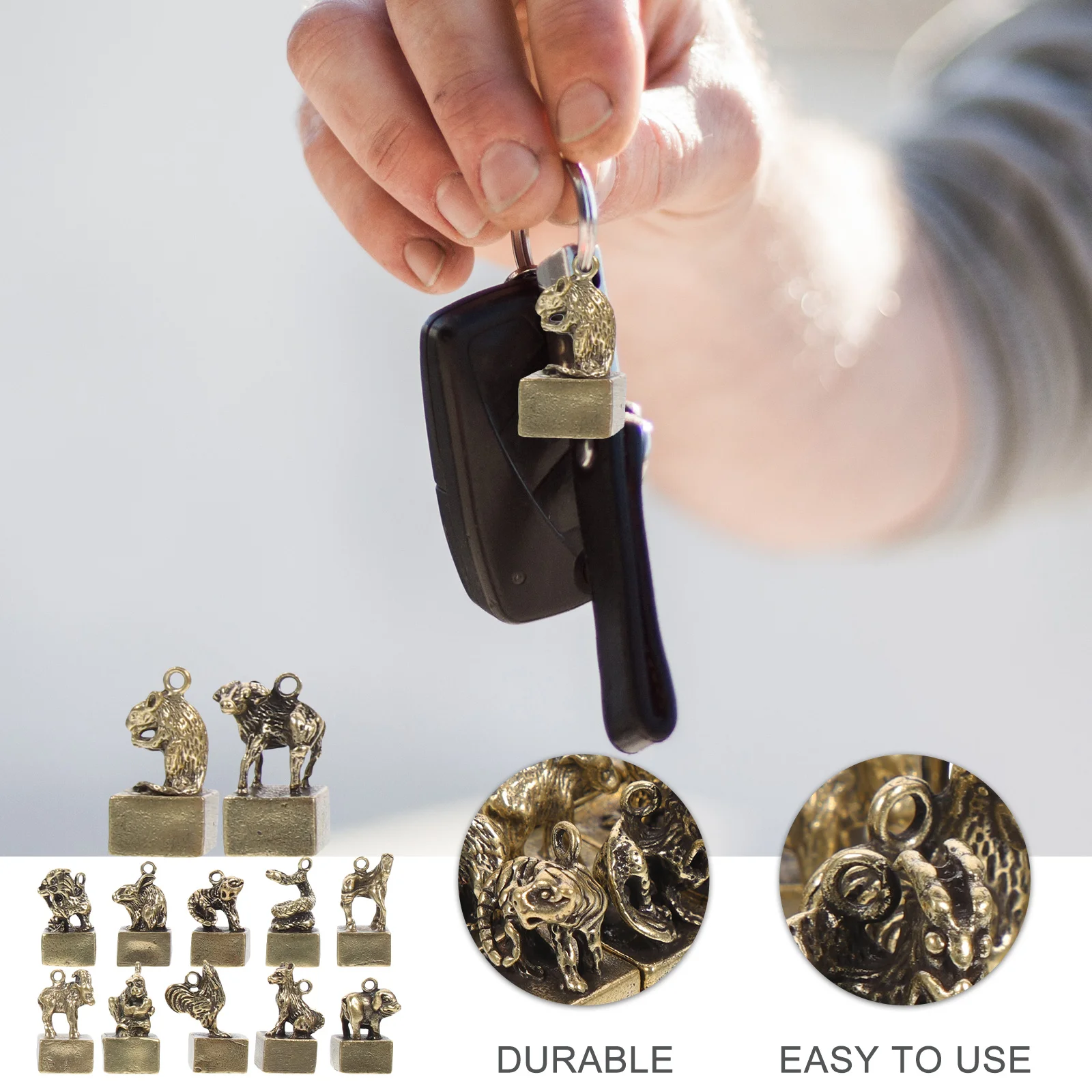 

12Pcs Delicate Brass Zodiac Adornment Key Ring Charm Chinese Zodiac Animals Tabletop Decor Office Home Decoration Retro Craft