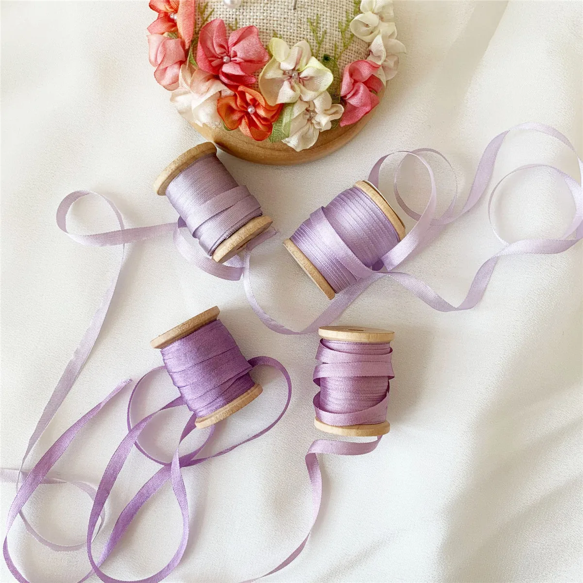 4mmx10m/roll 4Rolls One Set 100% Pure Silk Embroidery Ribbon Thin Taffeta High Quality Silk Ribbon Handcraft