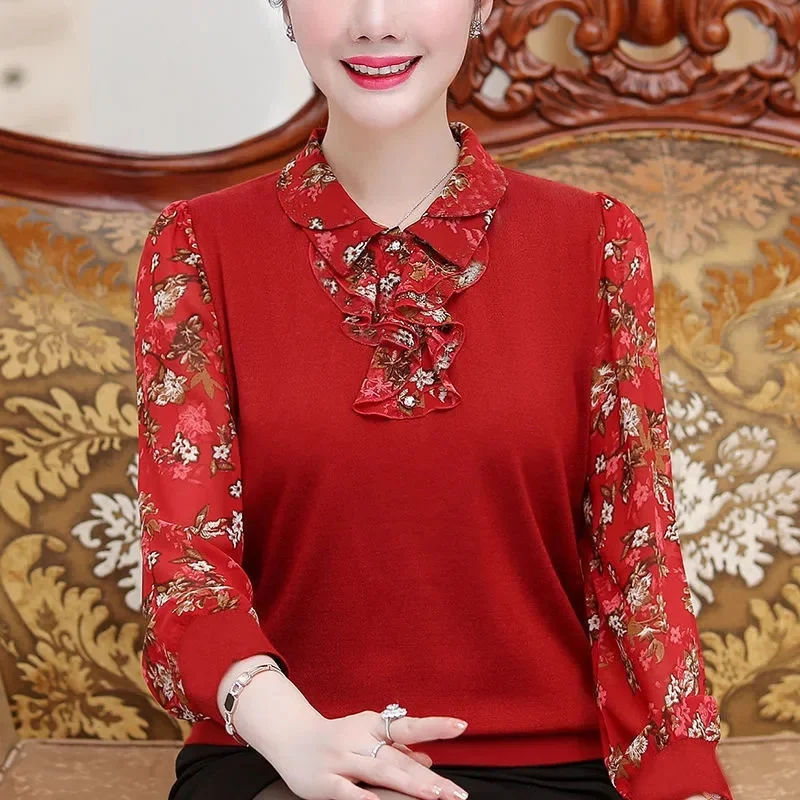 Spring Autumn Female Large Size 5XL Tshirt Coat Ladies Fashion Patchwork Tops Korean Women High-end Lotus Leaf Collar T-shirt