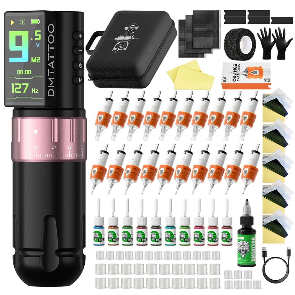 

Комплект беспроводной тату-машины Venom с регулируемым ходом 2,4-4,2 мм и мощным аккумулятором с цветным экраном 2300 мАч, оранжевая игла, чашка для чернил