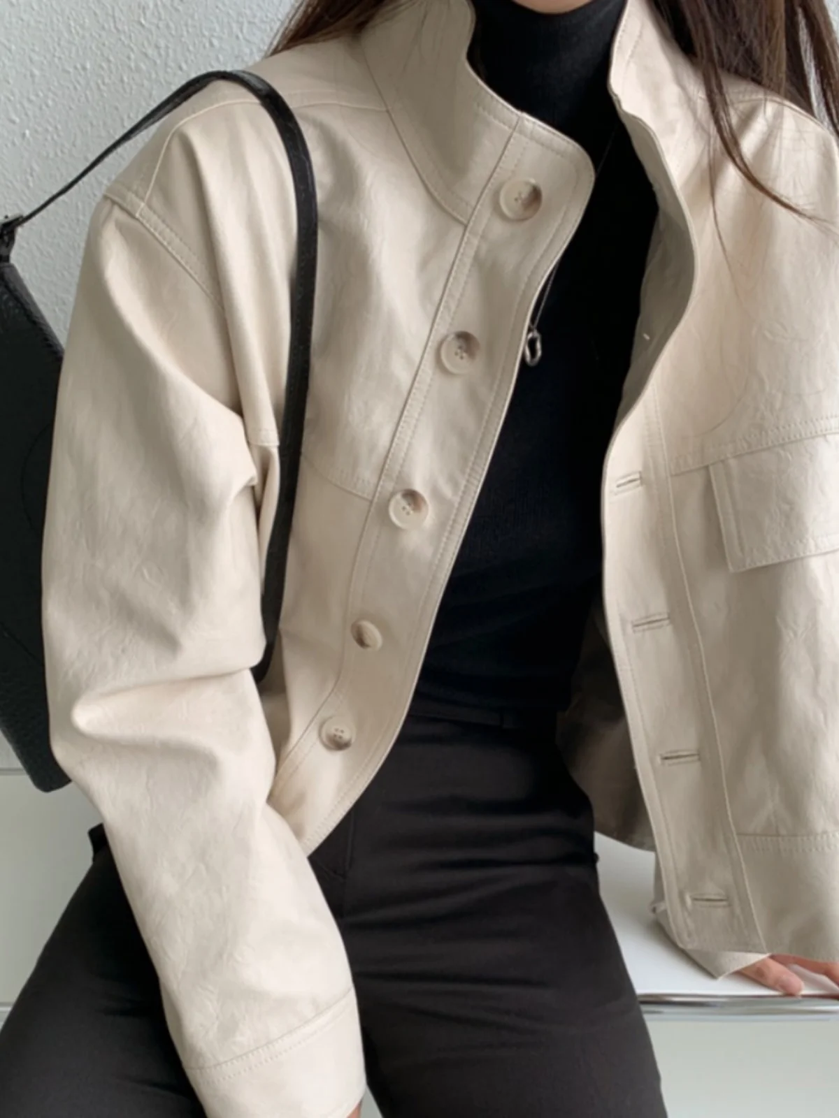 ファイオナブル モーターサイクル スレ レザー ジャケット レディース 秋冬 韓国風 トレンド ヘビーステッチ ハイカラートップ