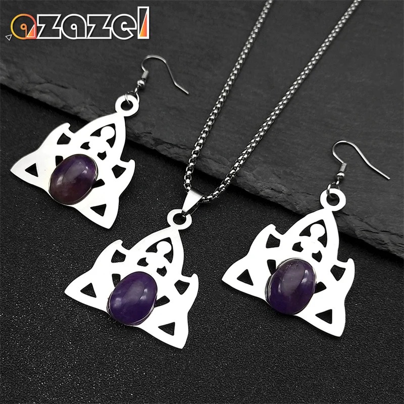 

Crescent Moon Witch's Knot Celtic amethyst Necklace Earrings Set for Women Stainless Steel Silver Color Jewelry Set Party Gift