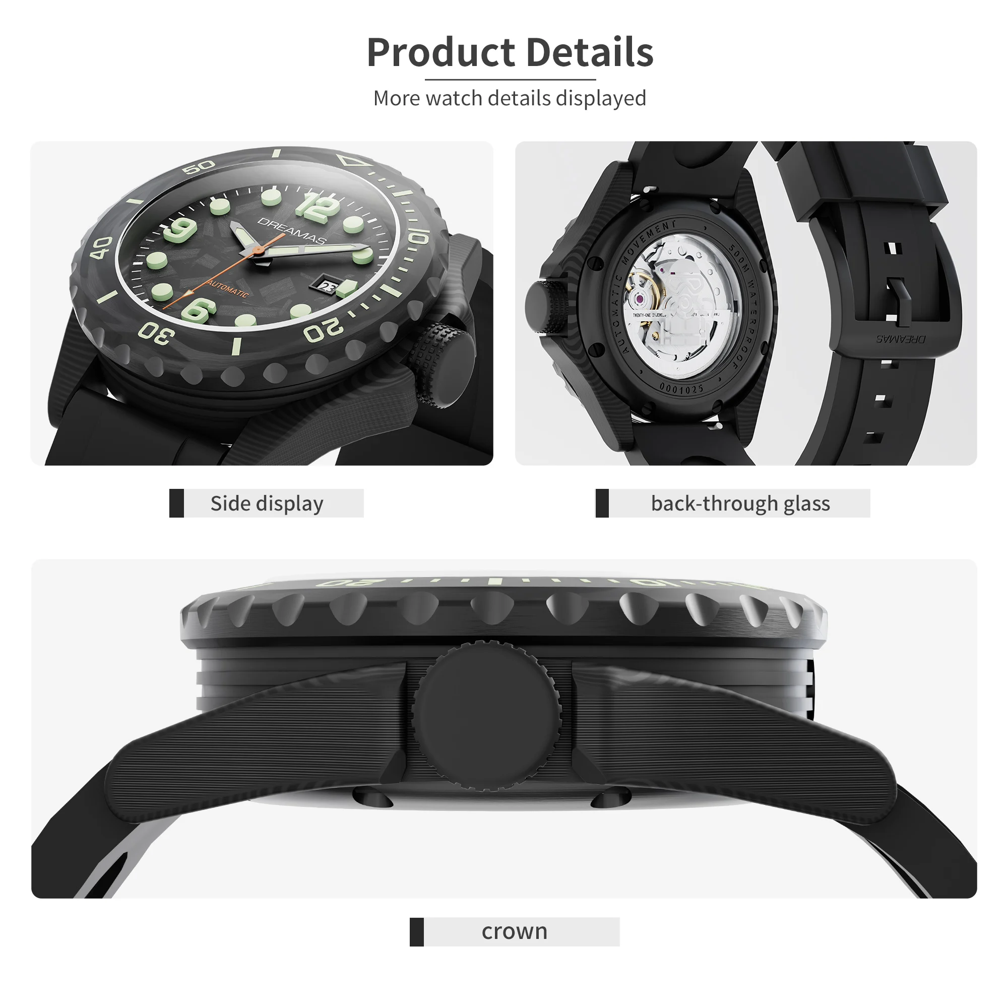 DREAMAS Herren-Taucheruhr aus Kohlefaser, automatische mechanische Taucheruhr, 500 m wasserdicht, Schweizer 3D-Leucht-Sport-Armbanduhr – Detail 6
