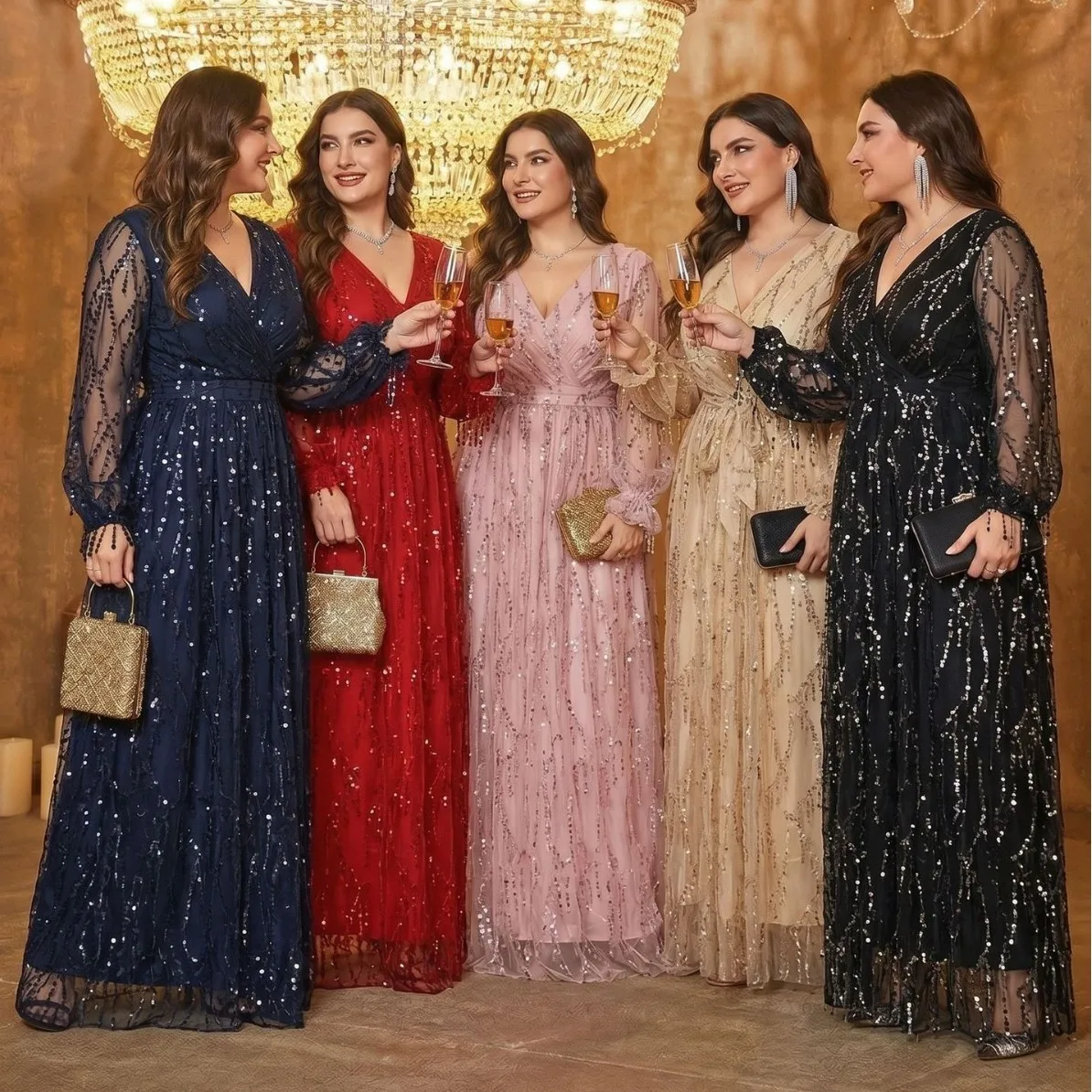 Curvy Ladies Sparkle Tulle Floor Dress V Neck Sheer Mesh Sleeve Wrap Waist A Line African Church Bridesmaid Evening Party