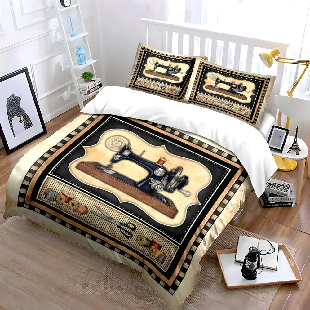 3Pcs Vintage Sewing Machine Bedding Set, Retro Craft Room Print Duvet Cover Set, Antique Tailor Tools Pattern for Sewing Lovers
