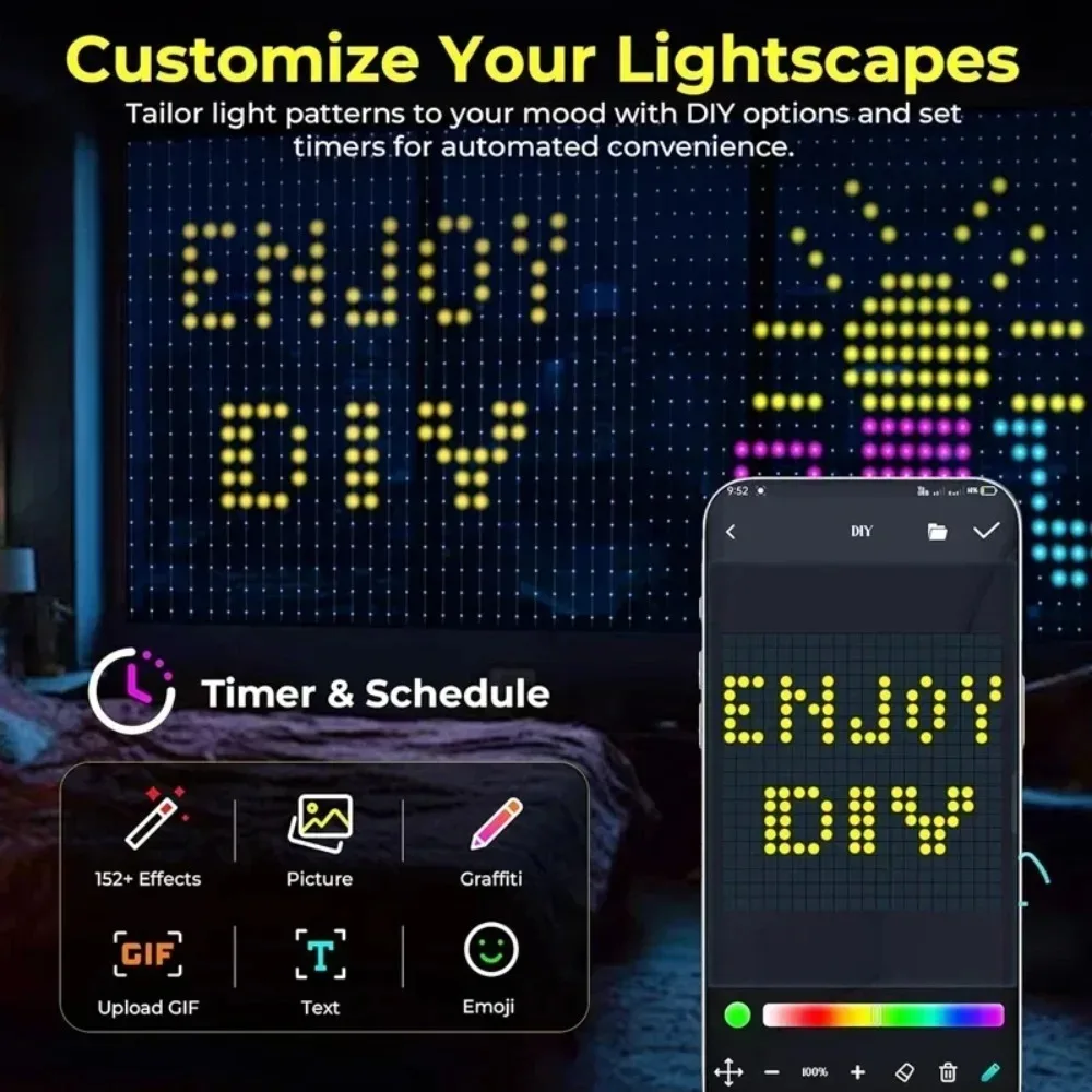 Smart App Music Sync LED Curtain Christmas String Lights DIY Custom Pattern Waterproof for Home Holiday Party Decor