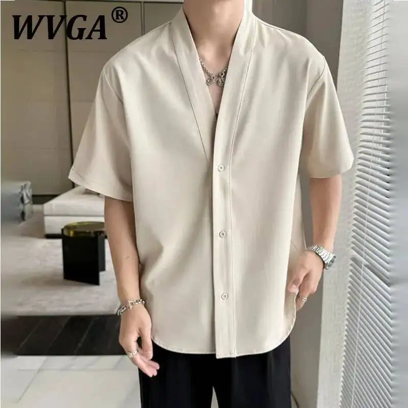 

WVGA Spring Summer New Man Korean Style Simple High-End Short Sleeved V-Neck Shirts Niche Chic Casual Ice Silk Draped Tops W9171