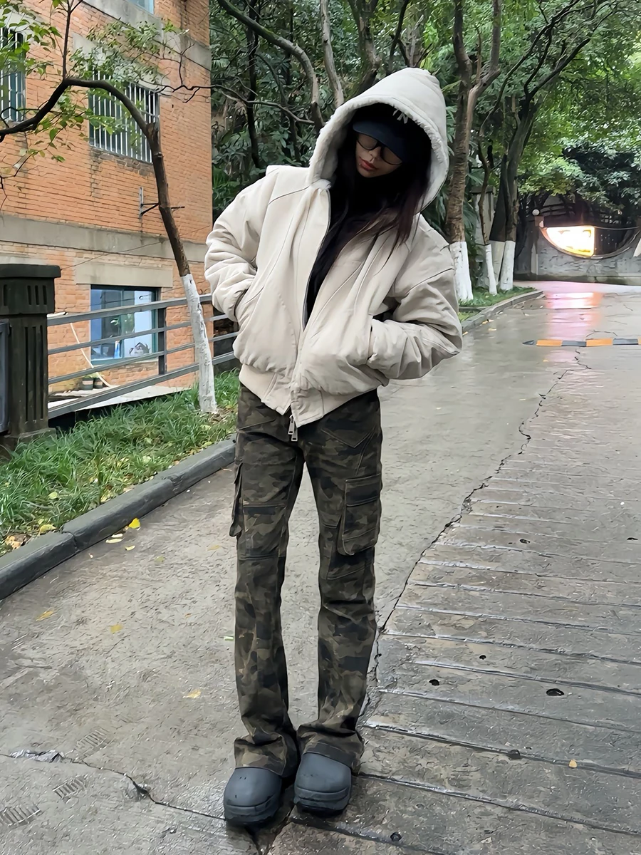 

Мужские камуфляжные рабочие брюки прямого кроя с множеством карманов, зимние модные джинсы slim fit в стиле High Street, повседневные брюки