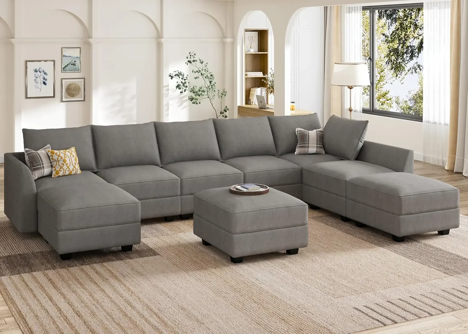 

Sofa with Storage Seats Reversible Sectional Couch with Ottomans U Shaped Modular Sectional Couch for Living Room, Grey