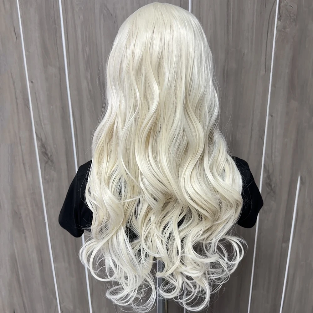 Platinum Blonde Wave Wig Synthetic Lace Front Wigs For Women White Blonde Natural Wave Lace Hair Long Wave Wig Cosplay Wig Party