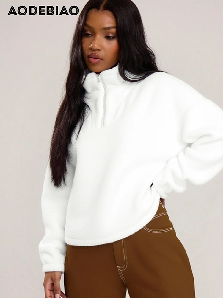 AODEBIAO Women Hoodie Autumn Winter Long Sleeves Fashion Zippers White Hairy Hoodie Solid Keep Warm Coat Top Casual Hoodie Lady