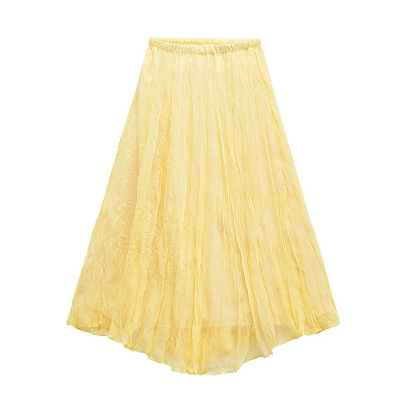 YENKYE Women Crinkle Effect Yellow Midi Long Skirt Elastic Waist Asymmetrical Hem Spring Summer Skirts Casual Holiday Faldas