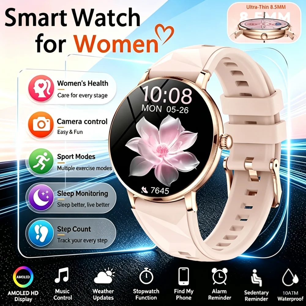 2026 Military Smart Watch Female AMOLED HD Screen Always Bright Display Bluetooth Call 10ATM Waterproof Support Android and iOS