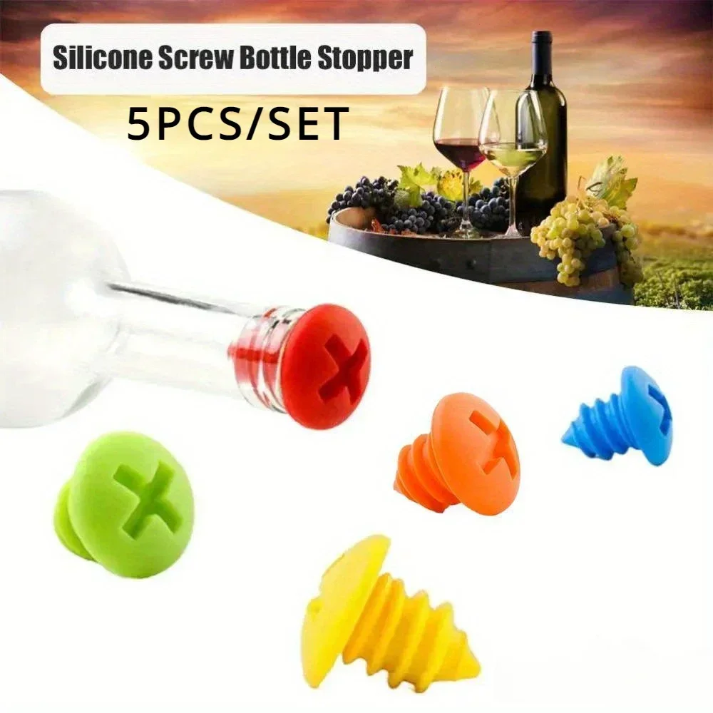 5PCS/SET Screw Shape Wine Bottle Cap Silicone Wine Stopper Creative Wine Accessories Home Party Use Food-grade Kitchen Gadget