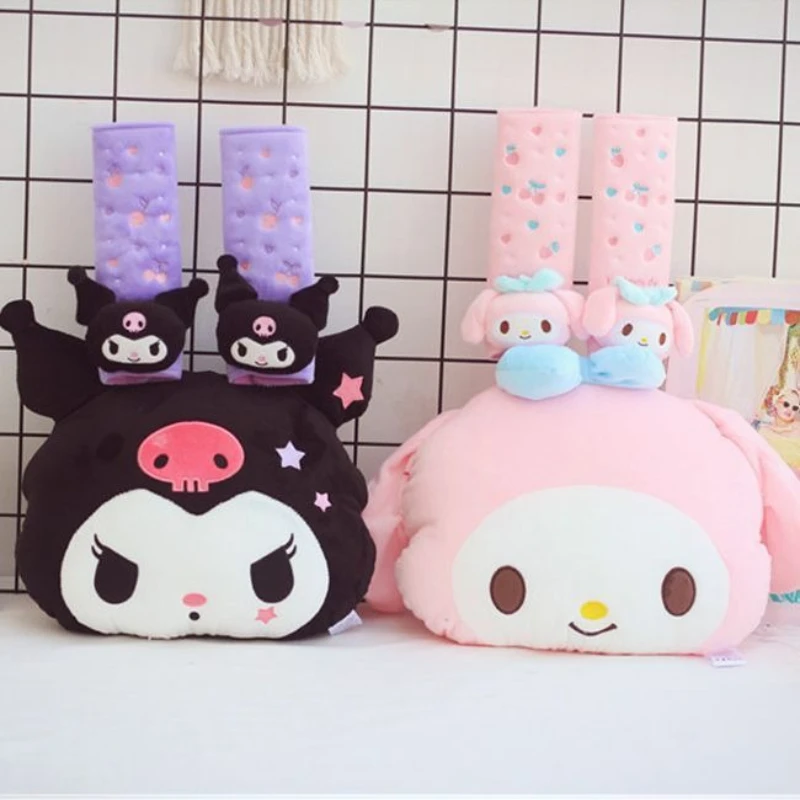 

Cute Girl Melody Kuromi Cartoon Cotton Car Pillow with Embroidered Safety Belt Cover down Alternative Soft Car Headrest