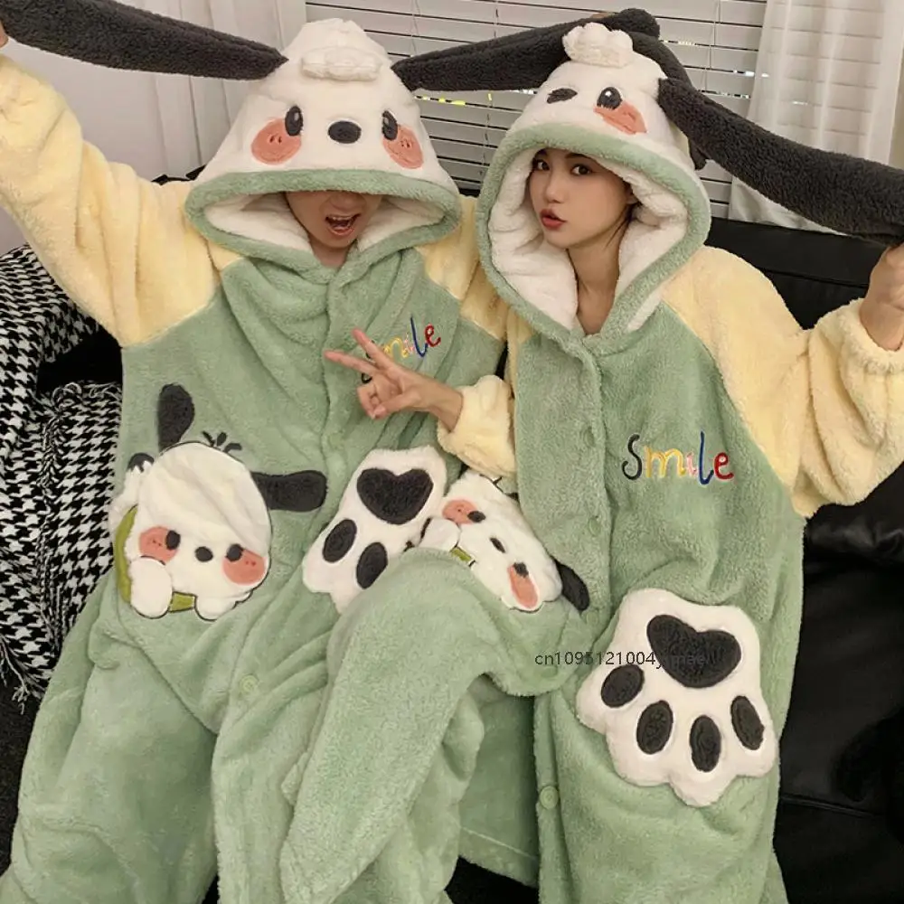 Kuromi Matching Pajamas for Couples Pochacco Winter Anime Sanrio Night-Robe Warm Cartoon Pyjamas Coral Fleece Plush Sleepwear