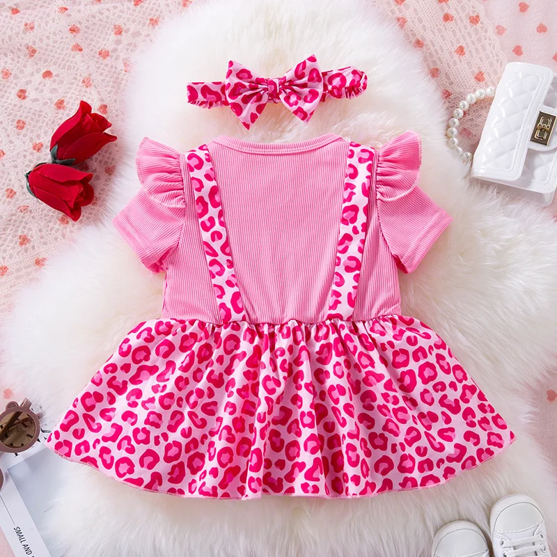 Newborn Outfit Baby Girl Clothes Pink Bow Short Sleeve Rompers Cute Headband Set Summer Clothing Baby Romper Dress