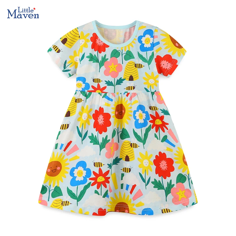 Little Maven 2026 Sommerkleid aus Baumwolle mit Cartoon-Blumen, Urlaubskostüme, Kinderkleidung, Party, Baby-Mädchen, Prinzessinnenkleid
