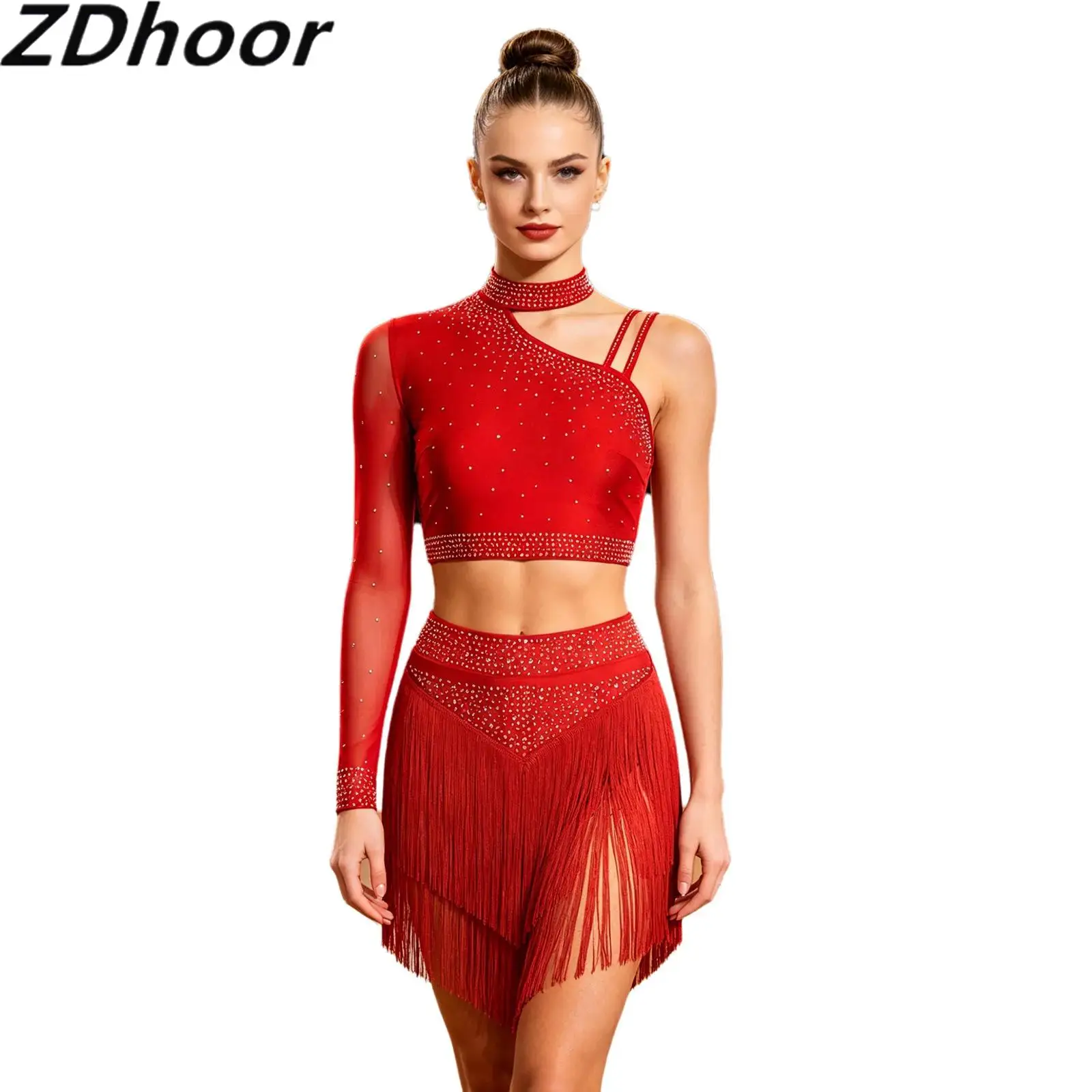 Women Latin Salsa Dance Costume Single Long Sleeve Asymmetrical Rhinestone Crop Top And Tiered Tassels Skirt for Cha Cha Tango