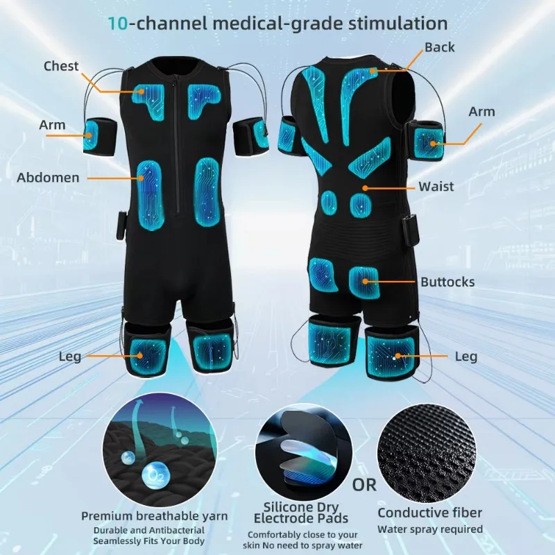 EMS Workout Suit with 10-channel Wireless Full-body EMS 20-30 Electrodes, Unisex, for Strength Training Toning and Recovery