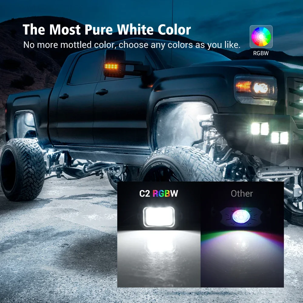 MICTUNING C2 8 Pods RGBW LED Rock Lights,Multicolor Car Atmosphere Underbody Neon Lamp Kit,IP68 Waterproof For Truck Boat ATV