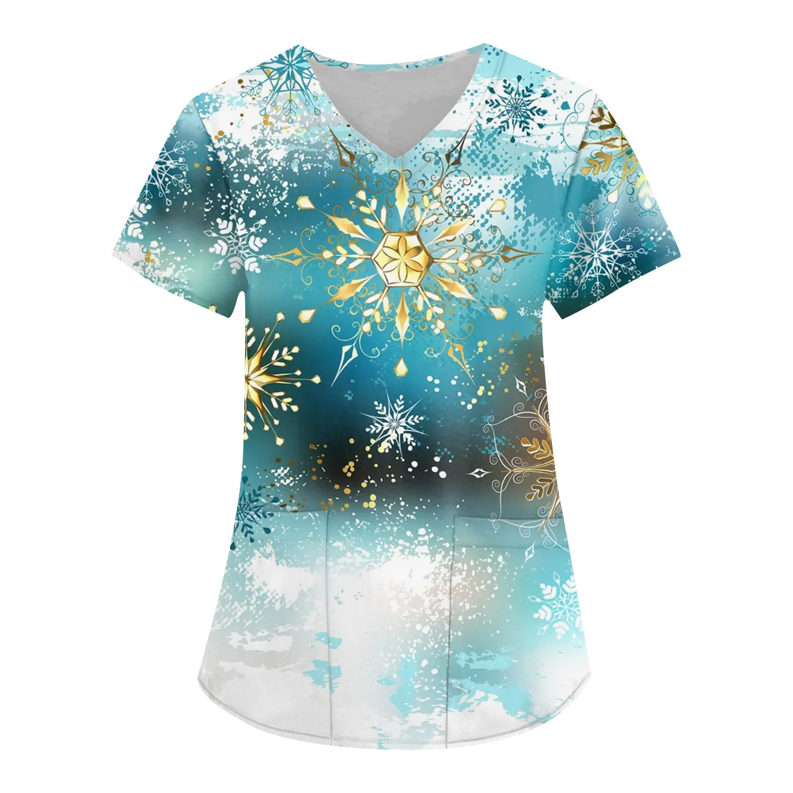 Christmas Casual Scrub Tops Ladies Pocket Loose Print Short-Sleeve Caring Workwear Uniform Nurse Santa Clinic Salon Healthcare