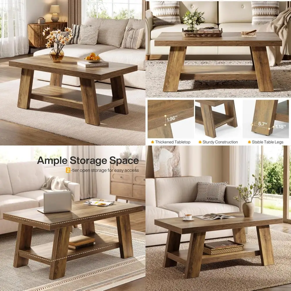 

Rustic Rectangular Coffee Table with Storage Shelf for Living Room, 47.24 Farmhouse Style Wood Center Table
