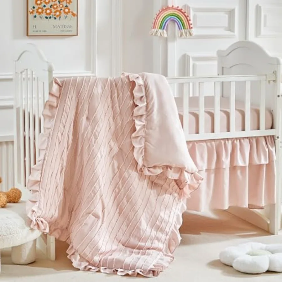 

3 Pieces Tufted Stripes Crib Bedding Set with Ruffle Fringe Ruffled Comforter with Fitted Sheet and Bed Skirt Soft and Embroide