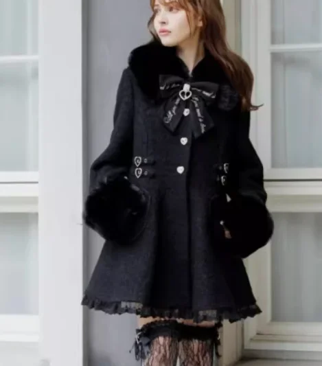 Japanese Winter Explosion Mine Series Mass Production Bow Fur Collar Jacket Sweet Layer By Layer Hem Mid-length Woolen Coat