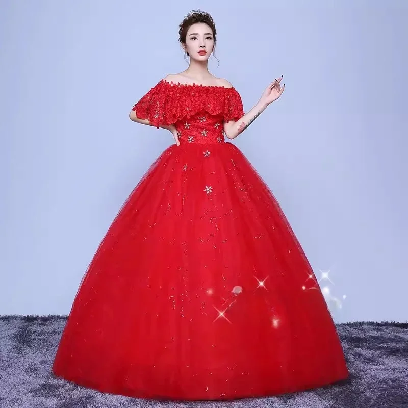 Cheap Red Tulle Wedding Dress Ruffles Lace Off the Shoulder Sequin Crystal Floor-length Princess Plus size Bride Ball Gown XN088