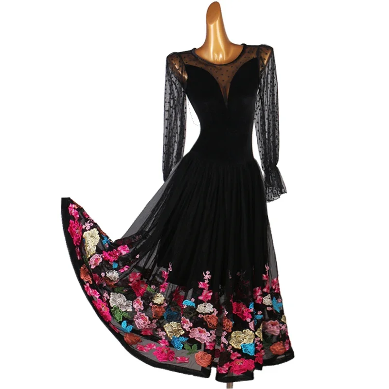 

Lantern Sleeves Modern Art Exam Embroidery Hem National Standard Social Dance Big Swing Dress Waltz