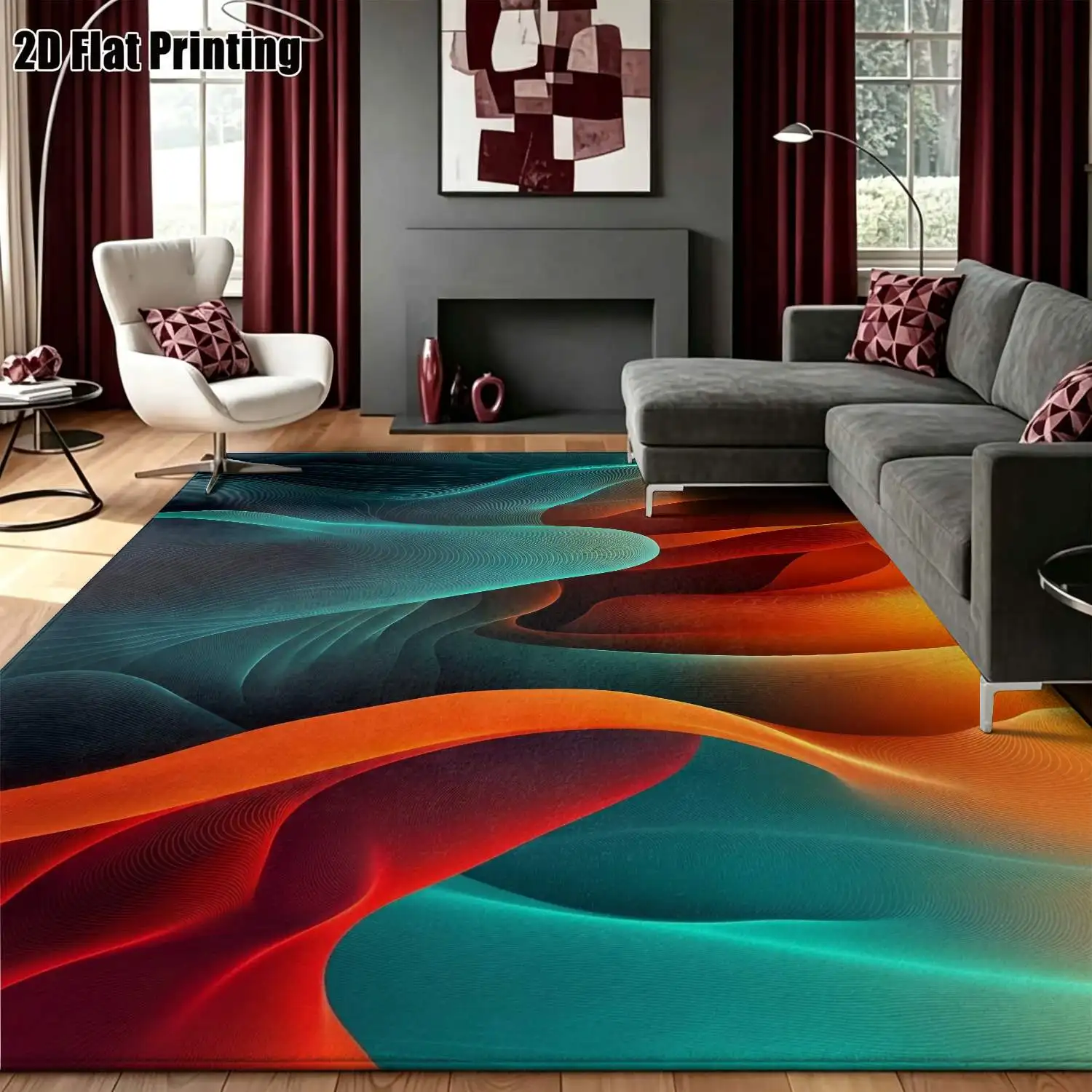 1Pc 2D Printed Carpet: Orange-Blue Gradient Abstract Art Nordic/Instagram-Style Modern Minimalist Geometric Striped Floor Mat, Machine Washable, Multi-Size, Suitable for Entrance, Dining Room, Foyer, Bedroom, Living Room Home Decor