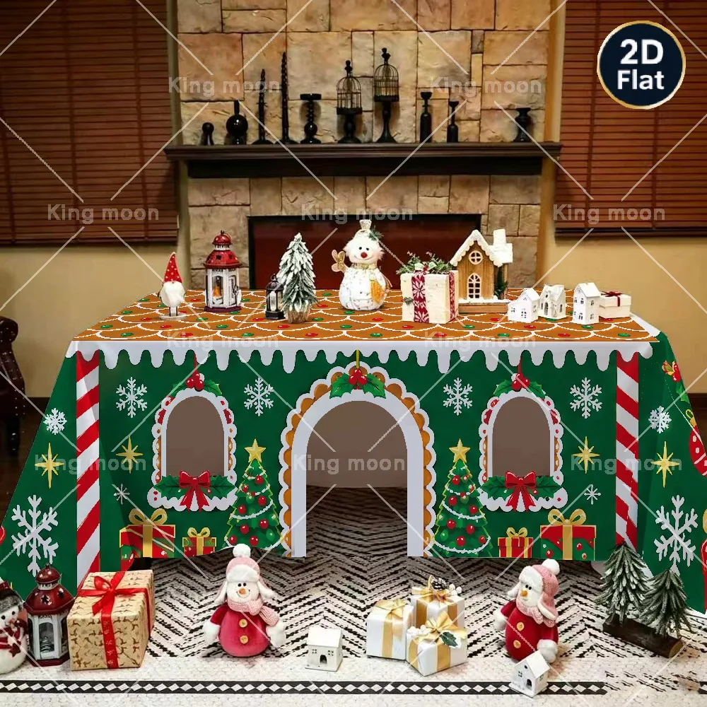 2D flat, 1 piece of Christmas green gingerbread house window arched hollow tablecloth, Christmas multi-person photo tablecloth