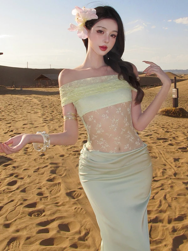 

Satin Lace Hollow out One oulder Dr Women's Sexy Pure Desire Holiday Beachwear ort Sve Zipper Closure Bodycon Dr