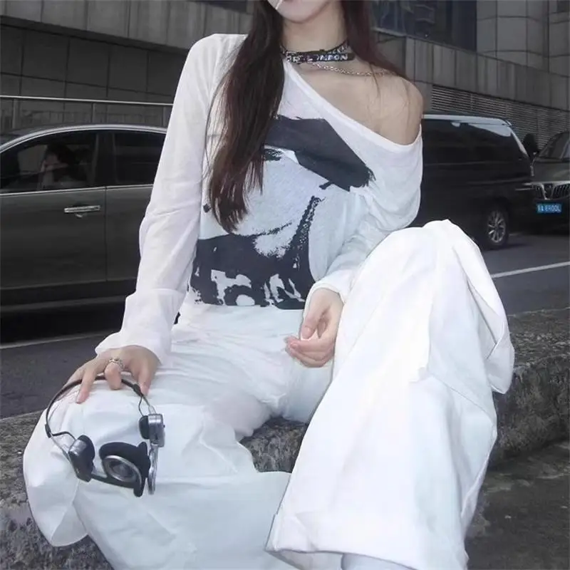 Women Y2K Gothic Grunge Loose T Shirts Off Shoulder Streetwear Fairycore Hip Hop Tops Punk Casual Long Sleeve Top Female Clothes