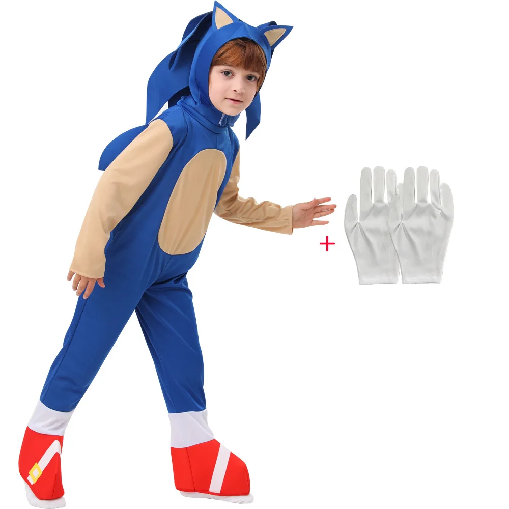 Boys Girls Sonics Cosplay Costume Anime Disguise Hedgehog Kids Bodysuit Cartoon Jumpsuit with White Gloves Halloween Gift