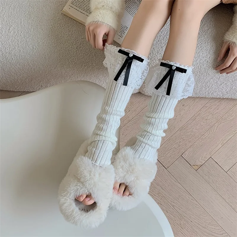 Women's Knit Leg Warmers Cute Bowknot Lace Trim Leg Warmers Knee High Socks Boot Cuffs Slouch Socks for Fall Winter